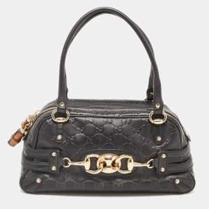 Pre Owned Gucci Black Leather Guccissima Horsebit Wave Boston Bag