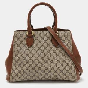 Pre Owned Gucci Brown/Beige GG Canvas and Leather Side Snap Tote