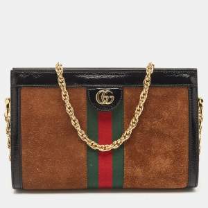 Gucci Black/Brown Suede And Patent Leather Ophidia Chain Bag