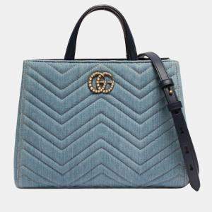 مملوكة مسبقًا Gucci Blue Denim Leather GG Marmont Tote Bag 
