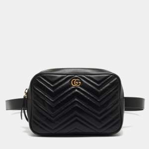 Gucci Black Matelassé Leather GG Marmont Belt Bag