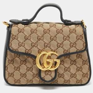 Gucci Beige/Black Diagonal Quilt GG Canvas and Leather Mini GG Marmont Top Handle Bag