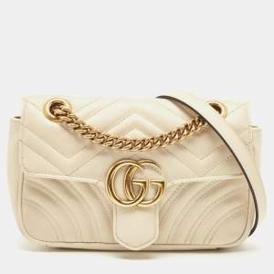 Gucci Off White Matelassé Leather Mini GG Marmont Shoulder Bag