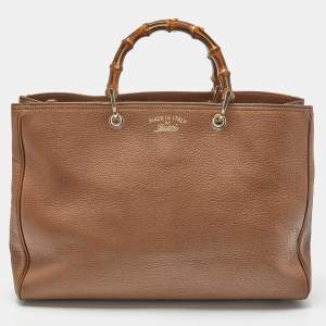 Pre Owned Gucci Brown Leather Large Bamboo Shopper Tote