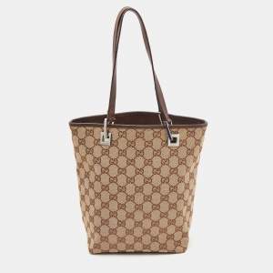 Gucci Beige/Brown GG Canvas and Leather Bucket Tote