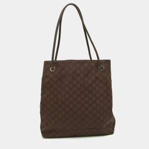 Pre Owned Gucci Dark Brown GG Nylon and Leather Gifford Tote