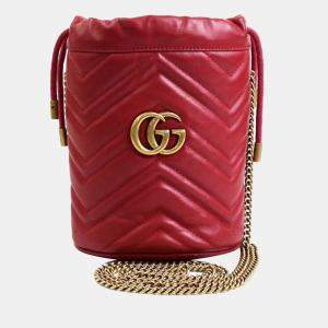 Gucci Red Leather GG Marmont Bucket Bag