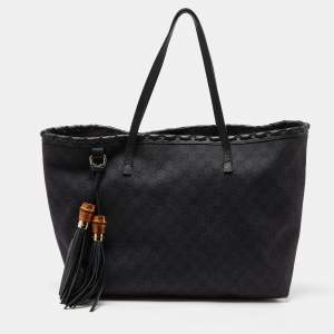 Gucci Black GG Canvas and Leather Bamboo Tassel Shopper Tote