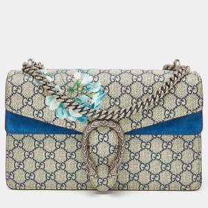 Pre Owned Gucci Blue/Beige GG Supreme Canvas and Suede Small Dionysus Blooms Shoulder Bag