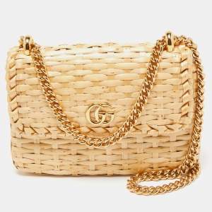 Pre Owned Gucci Beige Glazed Wicker Mini Cestino Shoulder Bag