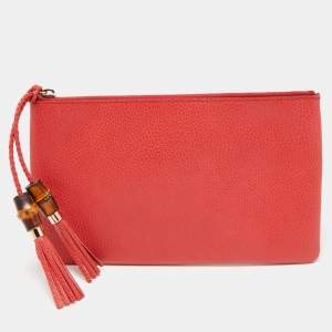 Gucci Red Leather Bamboo Tassel Zip Pouch