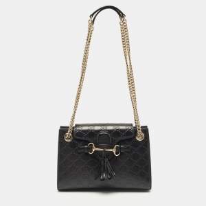 Gucci Black Guccissima Leather Small Emily Chain Shoulder Bag