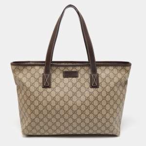 Pre Owned Gucci Ebony/Beige GG Supreme Canvas Zip Tote