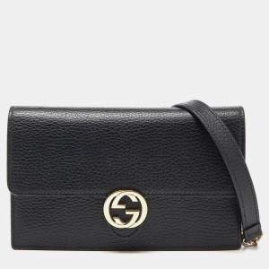 Gucci Black Leather Interlocking G Wallet on Chain