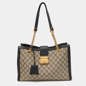 Pre Owned Gucci Beige/Black GG Supreme Canvas and Leather Medium Padlock Tote