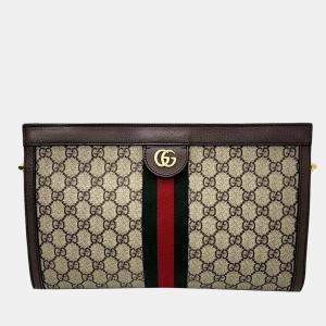 Pre Owned Gucci Brown Coated Canvas Leather Small Ophidia Web Chain Shoulder Bag