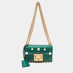 Gucci Green Leather Small Pearl Studded Padlock Shoulder Bag