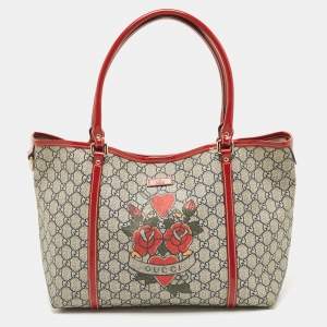 Pre Owned Gucci Red/Blue GG Supreme Canvas and Patent Leather Medium Heart Tattoo Joy Tote
