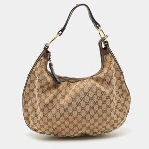 Pre Owned Gucci Beige/Brown GG Canvas and Leather Medium Interlocking G Hobo 