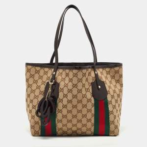 Gucci Beige/Brown GG Canvas and Patent Leather Small Jolie Web Charms Tote
