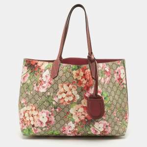 Pre Owned Gucci Burgundy/Beige GG Supreme Canvas Medium Blooms Reversible Tote