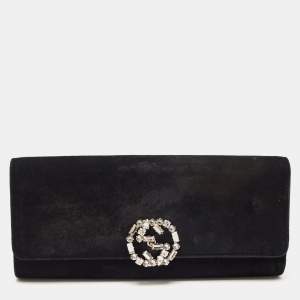 Pre Owned Gucci Black Suede GG Crystal Broadway Clutch
