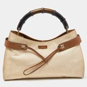 Gucci Cream/Brown Canvas and Leather Bamboo Top Handle Bag
