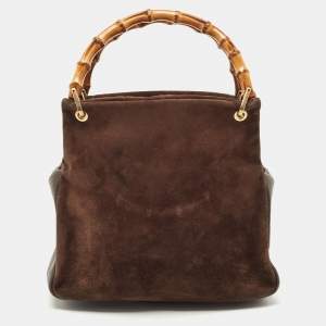 مملوكة مسبقًا حقيبة يد توتس غوتشي جلد وسويدي بني داكن بيد بامبو