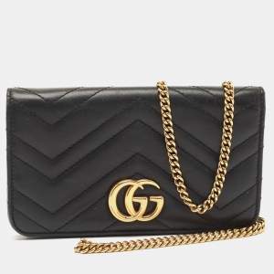 Gucci Black Matelassé Leather GG Marmont Wallet On Chain