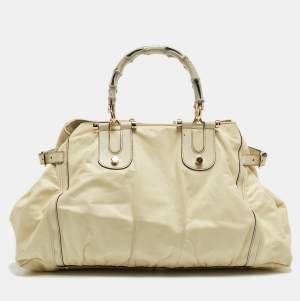 Pre Owned Gucci Cream/White Leather Pop Bamboo Tote