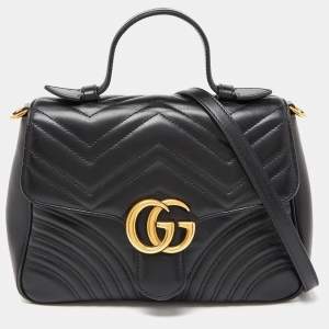 Gucci Black Matelassé Leather Small GG Marmont Top Handle Bag