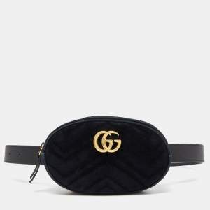 Gucci Black Matelassé Velvet GG Marmont Belt Bag