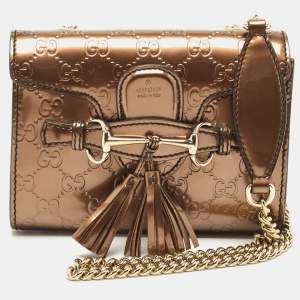 Pre Owned Gucci Bronze Guccissima Patent Leather Mini Emily Chain Shoulder Bag
