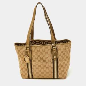 Pre Owned Gucci Gold/Beige GG Canvas and Leather Jolicoeur Tote