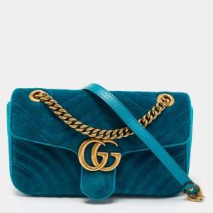 Pre Owned Gucci Green Matelassé Velvet Small GG Marmont Shoulder Bag