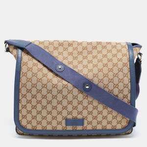 Pre Owned Gucci Beige/Blue GG Canvas and Leather Messenger Diaper Bag