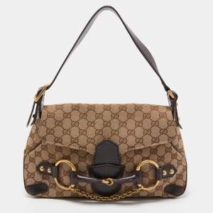 Gucci Beige/Ebony GG Canvas and Leather Horsebit Chain Shoulder Bag