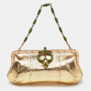 مملوكة مسبقًا Gucci Gold Watersnake Leather Serpent Buckle Frame Clutch