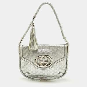 Pre Owned Gucci Silver Guccissima Leather Medium Britt Tassel Hobo