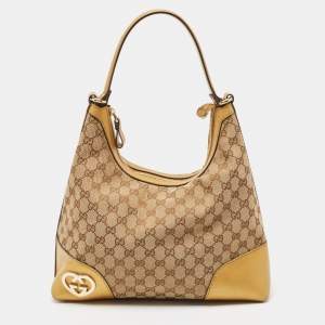 Pre Owned Gucci Beige/Gold GG Canvas and Leather Medium Lovely Hobo