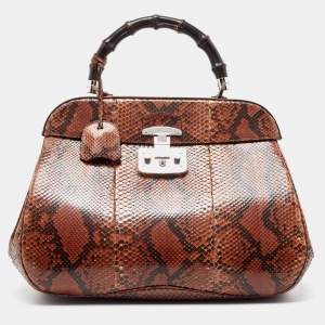 Pre Owned Gucci Brown Python Leather Lady Lock Bamboo Large Top Handle Bag