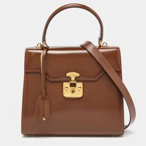 Pre Owned Gucci Brown Leather Vintage Kelly Rare Lady Lock Top Handle Bag