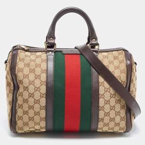 Pre Owned Gucci Brown/Beige GG Canvas Medium Vintage Web Boston Bag