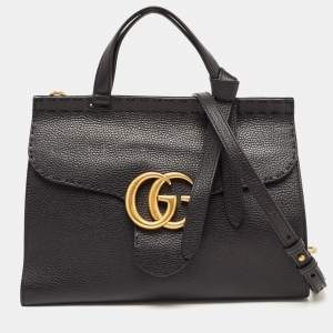 Pre Owned Gucci Black Leather Medium GG Marmont Top Handle Bag