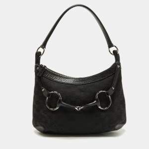 Pre Owned Gucci Black GG Canvas and Leather Horsebit Hobo