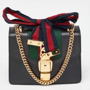 Gucci Black Leather Mini Web Chain Sylvie Crossbody Bag