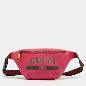 Pre Owned Gucci Pink Leather Logo Web Belt Bag
