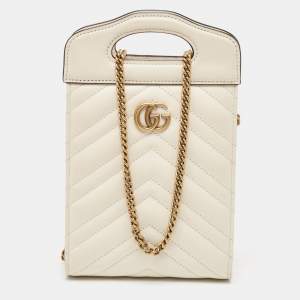Gucci Off White Matelassé Leather Mini GG Marmont Phone Crossbody Bag