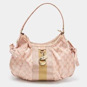 Pre Owned Gucci Pink GG Crystal Coated Canvas Web Horsebit Hobo