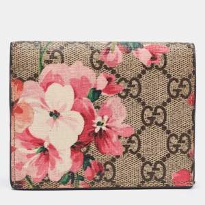 Gucci Beige/Pink GG Supreme Canvas Blooms Card Case